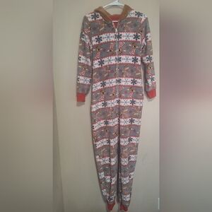 Festive Rudolph Women's Pajama Onesie Hooded W Pockets Zip Up Size Small